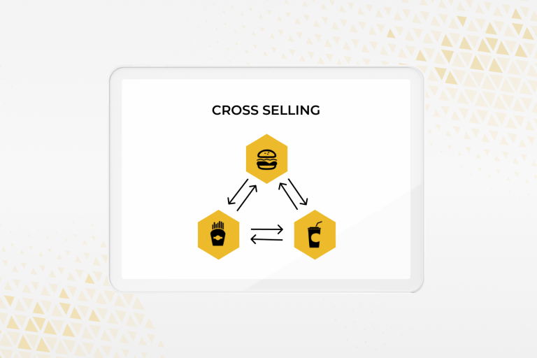 An image shows three drawn icons nested within yellow hexagons, representing a hamburger, an order of french fries, and a beverage. Arrows point from each to the others connect the three hexagons.