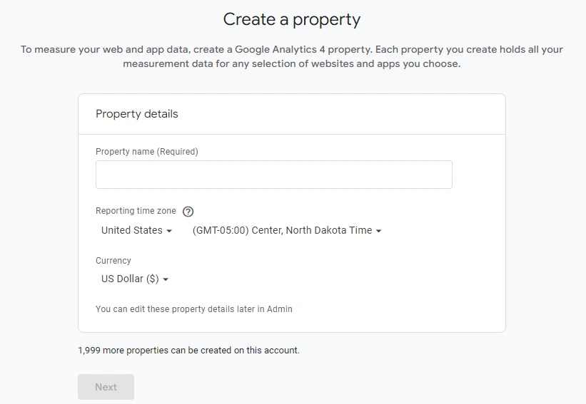 GA4 Create Property Menu