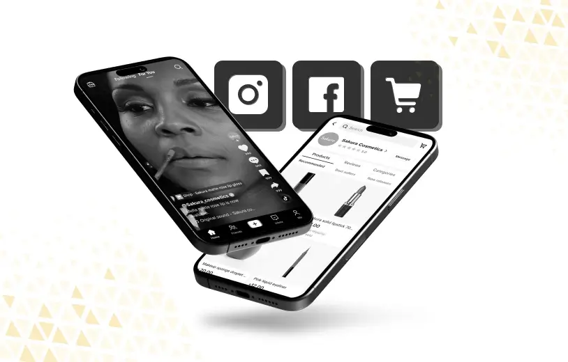 smartphone showing shoppable content and social icons